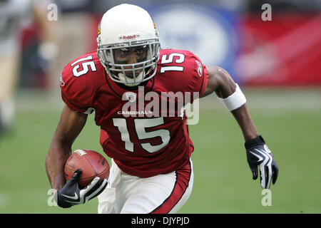 Le 5 décembre, 2010 - Glendale, Arizona, États-Unis d'Amérique - Arizona Cardinals wide receiver Steve Breaston (# 15) fait une capture et coule vers le bas pendant un match contre les Rams de Saint Louis au University of Phoenix Stadium de Glendale, Arizona. Les Béliers défait les cardinaux 19-6. (Crédit Image : © inférieur gène/global/ZUMAPRESS.com) Southcreek Banque D'Images