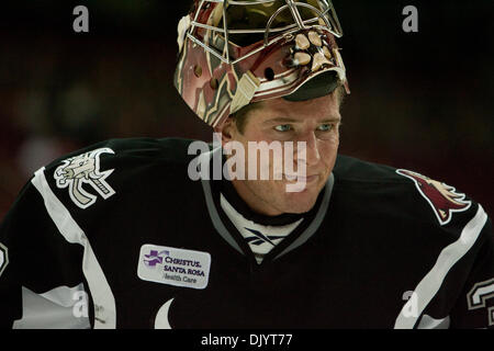 SPORTS -- San Antonio Rampage goalie Josh Tordjman blocks a puck during  practice at the AT&T Center, Monday, Sept. 21, 2009. The teamÃ•s parent  club, the Phoenix Coyotes, is in bankruptcy proceeding