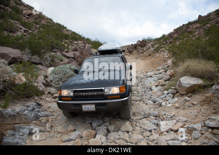 Une Toyota Landcruiser 1993 prend la route de contournement de saules, de Anza Borrego Desert State Park, San Diego County, Californie. Banque D'Images