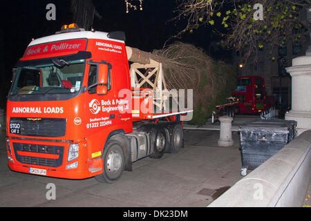 Londres, Royaume-Uni. 2e décembre 2013. . Le 22m camion transportant l'arbre de Noël, une épinette de Norvège arrive à Trafalgar Square. L'arbre est cadeau à la population de Londres à partir de la ville d'Oslo, donné à chaque année depuis 1947 en signe de gratitude pour l'appui de la Norvège durant la Seconde Guerre mondiale. Crédit : Paul Davey/Alamy Live News Banque D'Images