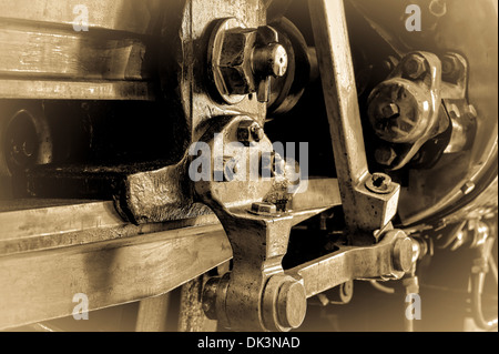 Détail d'un train à vapeur l'ensemble de frein. Vintage effet sépia. Banque D'Images