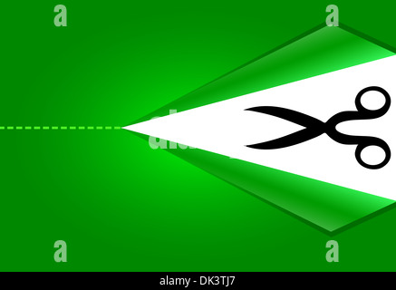 Vector ciseaux avec les lignes de coupe sur le fond vert Banque D'Images