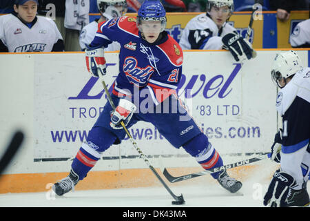 19 mars 2011 - Saskatoon, Saskatchewan, Canada - Pats de Regina, l'ailier gauche Lane Scheidl (# 21) fait une passe en action pendant la Blades de Saskatoon vs Pats de Regina jeu à Credit Union Centre de Saskatoon. (Crédit Image : © Derek Mortensen/ZUMAPRESS.com) Southcreek/mondial Banque D'Images