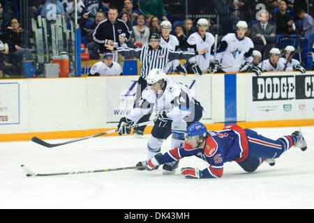 19 mars 2011 - Saskatoon, Saskatchewan, Canada - Centre de Pats de Regina Colin Reddin (# 15) voyages jusqu'Blades de Saskatoon ailier droit Matej Stransky (# 14) en action au cours de l'Blades de Saskatoon vs Pats de Regina jeu à Credit Union Centre de Saskatoon. (Crédit Image : © Derek Mortensen/ZUMAPRESS.com) Southcreek/mondial Banque D'Images