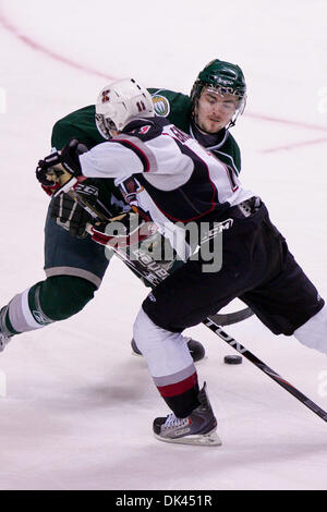 20 mars 2011 - Vancouver, Colombie-Britannique, Canada - Brendan Gallagher géants # 11 pousse la rondelle entre les patins d'un des joueurs les Silvertips géants sont en tête avec un score de 3-0 après la deuxième période, pendant le match dimanche soir au Pacific Coliseum. (Crédit Image : © James Healey/ZUMAPRESS.com) Southcreek/mondial Banque D'Images