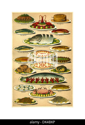 Lithographie couleur de 1890 de Mme Beetons livre illustrant divers plats de poisson victorien exotiques Banque D'Images