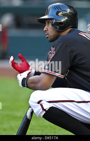 16 avril 2011 - Phoenix, Arizona, États-Unis - Arizona Diamondbacks outfielder Chris Young (10) ajuste ses gants avant de prendre la direction de la plaque contre les Giants de San Francisco. Les Géants défait les Diamondbacks 5-3 dans le deuxième d'une série de jeux de trois à Chase Field. (Crédit Image : © Chris Pondy/global/ZUMAPRESS.com) Southcreek Banque D'Images