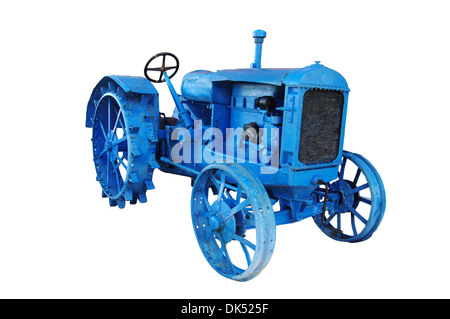 Ancien vintage bleu isolé sur fond blanc du tracteur Banque D'Images