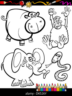 Livre de coloriage ou une illustration Cartoon Page noir et blanc Ensemble d'animaux sauvages pour les enfants Personnages Mascotte Banque D'Images