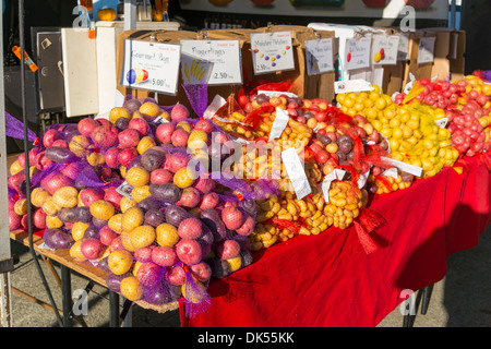 Différents types de couleurs, frais et délicieux à la recherche des pommes de terre à un marché agricole local en Californie, USA Banque D'Images