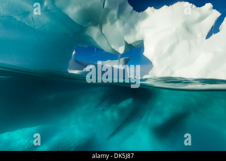 L'antarctique, sous-vue de fenêtres cintrées iceberg flottant près de l'île d'entreprise aux beaux matin de printemps le long de la péninsule Antarctique Banque D'Images