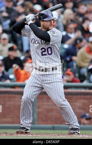 7 mai 2011 - San Francisco, Californie, États-Unis - Colorado Rockies catcher Chris Iannetta (20) est à la batte lors de la MLB match entre les Giants de San Francisco et les Rockies du Colorado. Les Giants de San Francisco de gagner le match contre les Rockies du Colorado 3-2. (Crédit Image : © Southcreek Dinno Kovic/global/ZUMAPRESS.com) Banque D'Images