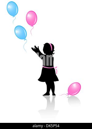 Silhouette de petite fille avec le vol des ballons colorés sur fond blanc Illustration de Vecteur