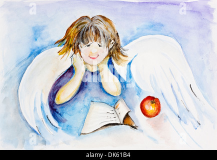 Angel Boy reading a book on blue sky concept. Illustration de l'art à la main à l'aquarelle Banque D'Images