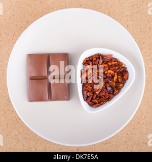 Red Hot Chili Peppers séchées avec du chocolat sur la plaque, sur fond de bois clair. Banque D'Images