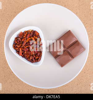 Red Hot Chili Peppers séchées avec du chocolat sur la plaque, sur fond de bois clair. Banque D'Images