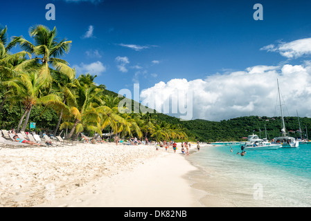 Les visiteurs apprécient la plage de sable blanc de White Bay sur Jost Van Dyke dans les îles Vierges britanniques. La plage est célèbre pour une série de bars servant des boissons tropicales, le plus célèbre étant le soggy Dollar Bar. Connue pour sa vie marine diversifiée et ses récifs coralliens, la région des Caraïbes compte parmi les plages les plus belles et les mieux préservées du monde. Banque D'Images