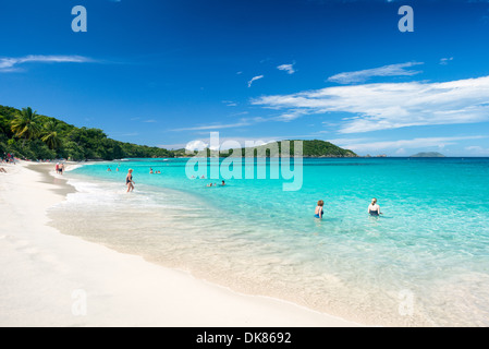 ST JOHN, Îles Vierges américaines — les nageurs apprécient les eaux tropicales chaudes de Hawksnest Bay sur St John, dans les Îles Vierges américaines. Hawksnest Bay fait partie du parc national des îles Vierges, connu pour ses plages immaculées et sa vie marine animée. Les eaux turquoises claires de la baie et la plage de sable blanc en font une destination populaire pour la baignade et la plongée en apnée. Banque D'Images