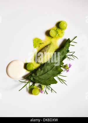 Plage - Kingcrab herbes, crème aigre et bouillon au Restaurant AOC, Copenhague, Danemark. Banque D'Images
