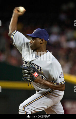 Milwaukee Brewers pitcher LaTroy Hawkins falls as he delivers against the  Minnesota Twins in a baseball game Friday, July 1, 2011 in Minneapolis. (AP  Photo/Andy King Stock Photo - Alamy