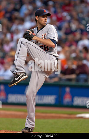 9 août, 2011 - Cleveland, Ohio, États-Unis - le lanceur partant Detroit Doug Fister (58) offre un emplacement à la plaque lors de la deuxième manche contre Cleveland. Les Tigers de Detroit et les Indians de Cleveland sont à égalité 2-2 dans le Rain Delay après la deuxième manche au Progressive Field de Cleveland, Ohio. (Crédit Image : © Frank Jansky/global/ZUMAPRESS.com) Southcreek Banque D'Images