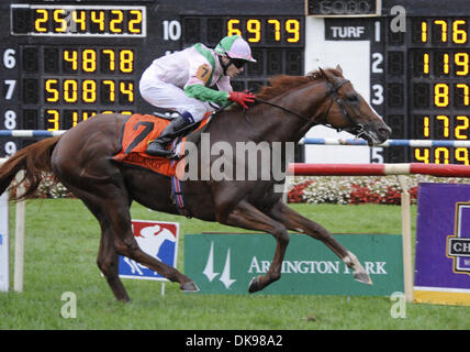 13 août 2011 - Arlington Heights, Illinois, É.-U. - Cape Blanco (no. 7), monté par Jamie Spencer et formés par Aidan O'Brien, gagne la 29e marche de l'Arlington Million de grade 1 Enjeux pour trois ans et au-dessus le 13 août 2011 à Arlington Park Arlington Heights, Illinois. (Crédit Image : Â© Bob/Mayberger ZUMAPRESS.com)/Eclipse Banque D'Images