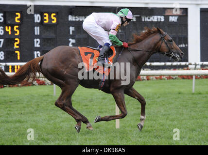 13 août 2011 - Arlington Heights, Illinois, É.-U. - Cape Blanco (no. 7), monté par Jamie Spencer et formés par Aidan O'Brien, gagne la 29e marche de l'Arlington Million de grade 1 Enjeux pour trois ans et au-dessus le 13 août 2011 à Arlington Park Arlington Heights, Illinois. (Crédit Image : © Bob Mayberger ZUMAPRESS.com)/Eclipse/ Banque D'Images