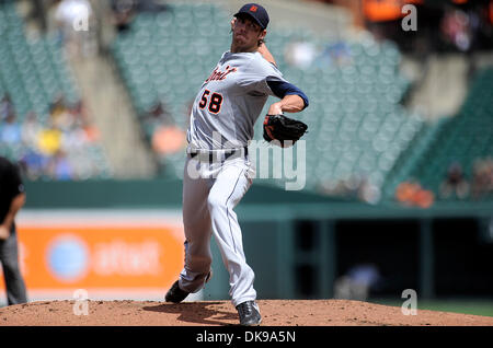 14 août 2011 - Baltimore, Maryland, États-Unis - le lanceur partant des Detroit Tigers Doug Fister (58) offre un emplacement au cours d'un match entre les Tigers de Detroit et les Orioles de Baltimore Orioles, le mener 3-1 à 4 manches (Image Crédit : © Racine TJ/global/ZUMApress.com) Southcreek Banque D'Images