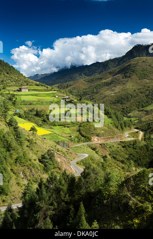 Le Bhoutan, Pele La Pass, route sinueuse à Trongsa passant par paysage agricole Banque D'Images