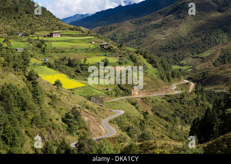 Le Bhoutan, Pele La Pass, route sinueuse à Trongsa passant par paysage agricole Banque D'Images