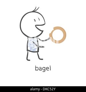 Cartoon guy mange un bagel Illustration de Vecteur