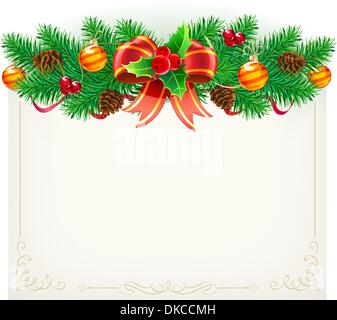 Vector illustration de cadre décoratif de Noël branches evergreen, ruban rouge, pommes de pin, feuilles de houx, baies et red bow Illustration de Vecteur