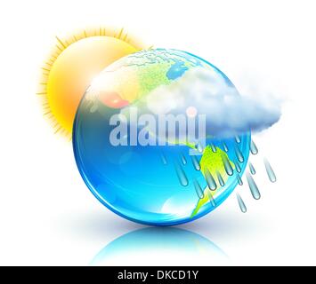 Vector illustration of cool seul icône météo - globe bleu avec soleil, nuage de pluie et de gouttes Illustration de Vecteur