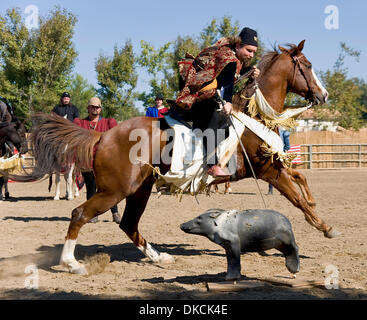 22 octobre 2011 - Poway, Californie, USA - Les compétences requises pour la chasse à cheval sont l'objet d'une exposition au cours de la Cinquième tournoi annuel de la joute de Phoenix au rodéo de Poway. Sanctionné par le Royal Armouries, le plus ancien musée en Angleterre, et affilié à l'International Jousting League, le tournoi de la Phoenix attire débarrasser hautement qualifiés Banque D'Images