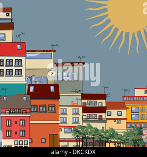 Cartoon style dessin d'une ville dans le soleil Banque D'Images