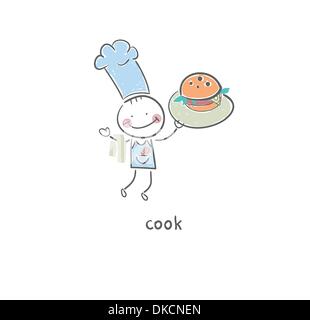 Cook est titulaire d'un hamburger. L'illustration. Illustration de Vecteur