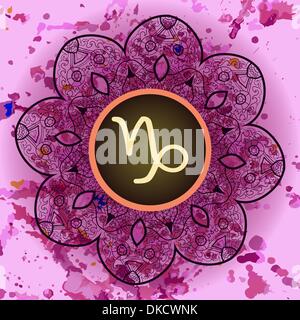 Signe astrologique Capricorne. Qu'est-ce que le karma ? Vector cercle avec signes du zodiaque sur papier peint à motifs décoratifs. Mandala carré motif Oriental pa lase Illustration de Vecteur