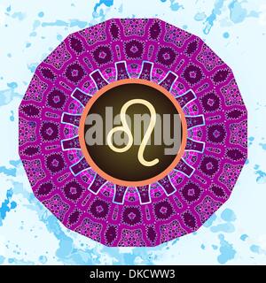 Signe astrologique Lion. Qu'est-ce que le karma ? Vector cercle avec signes du zodiaque sur papier peint à motifs décoratifs. Mandala carré motif Oriental, lase Illustration de Vecteur