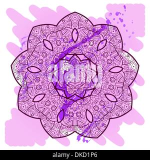 Qu'est-ce que le karma ? Motif mandala oriental lase ronde motif sur le fond violet, comme la peinture de mehndi ou flocon rose profond c Illustration de Vecteur