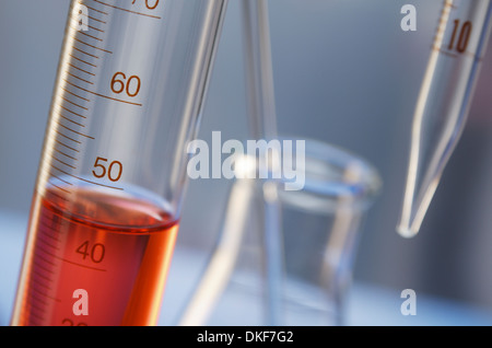 Verrerie de laboratoire chimique : cylindre gradué, l'Erlenmeyer avec pipette, tige d'agitation Banque D'Images