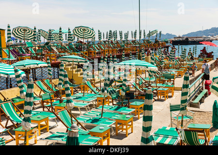 Chaises longues et parasols, plage, San Michele di Pagana district, Rapallo, station balnéaire sur le Golfe de Gênes, Riviera Italienne Banque D'Images