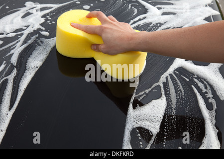 Le lavage d'une voiture avec une éponge et du savon Banque D'Images