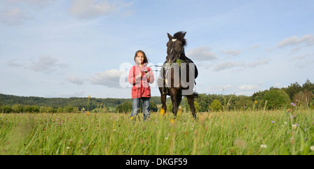 Girl avec un Haflinger arabe sur un pré Banque D'Images