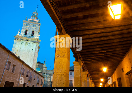 La cathédrale, vue de nuit. Burgo de Osma, la province de Soria, Castilla Leon, Espagne. Banque D'Images