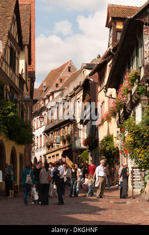 Elk213-2273v France, Alsace, Riquewihr, Rue Général de Gaule de maisons à colombages Banque D'Images