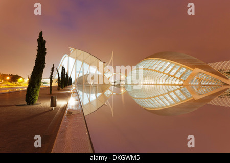 L'Hemisferic et Musée des sciences Principe Felipe, au crépuscule, architecte Santiago Cavatrava, Cité des Arts et des sciences, l'Espagne, Valenica Banque D'Images