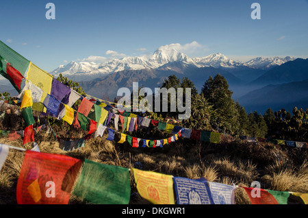 Le point de vue de Poon Hill avec les drapeaux de prières dans l'avant-plan, de l'Annapurna Conservation Area, Népal Banque D'Images