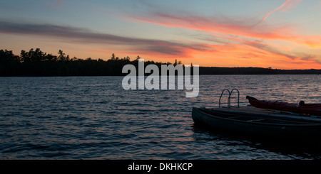 Silhouette d'arbres au bord de lac, Kenora, lac des Bois, Ontario, Canada Banque D'Images