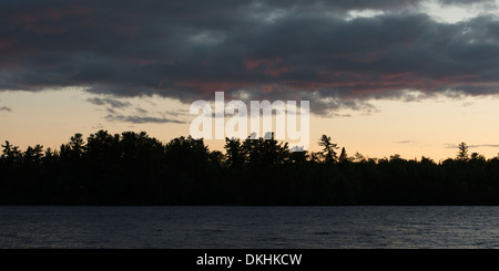 La tombée de la silhouette d'arbres sur les rives du lac, à Kenora, le lac des Bois, Ontario, Canada Banque D'Images