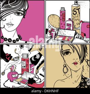 Vector set de cartes dessiné à la main avec des produits cosmétiques et des jeunes filles Illustration de Vecteur